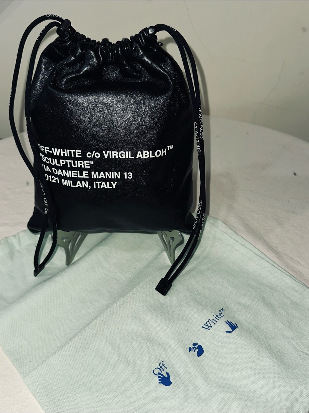 Off-White Black Leather Drawstring Pouch with White Logo Text